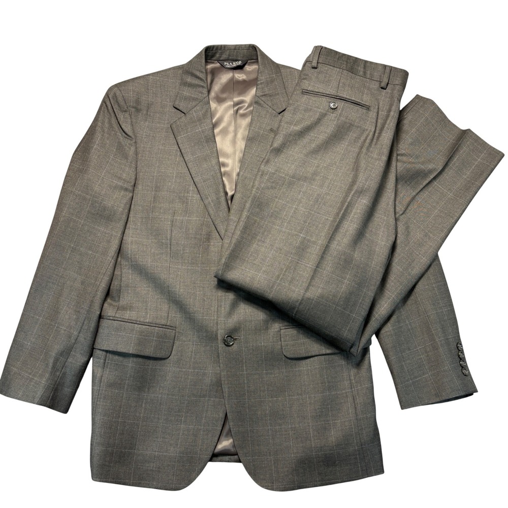 Jos. A. Bank Mens 40R Suit Brown Windowpane 100% Wool 2 Button Blazer 34R Pants
